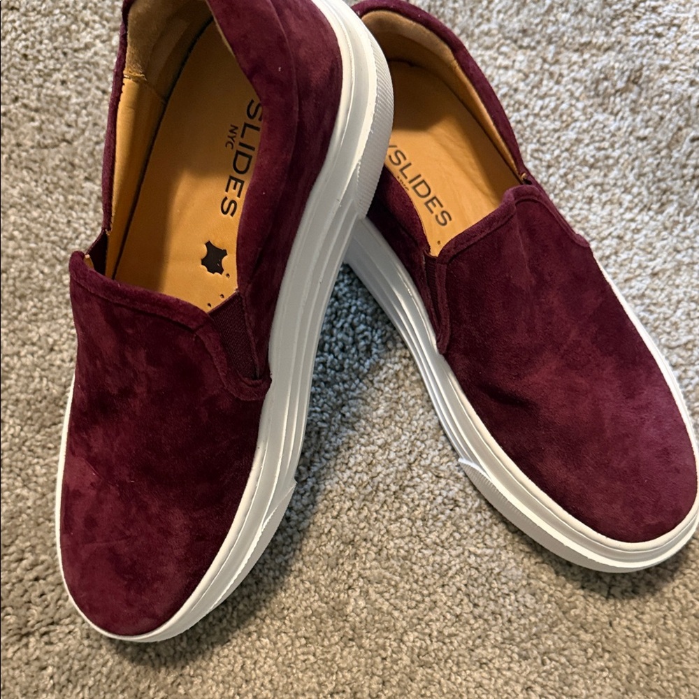 J/SLIDES women’s  Suede Slip-On Sneakers in Burgundy with White Sole